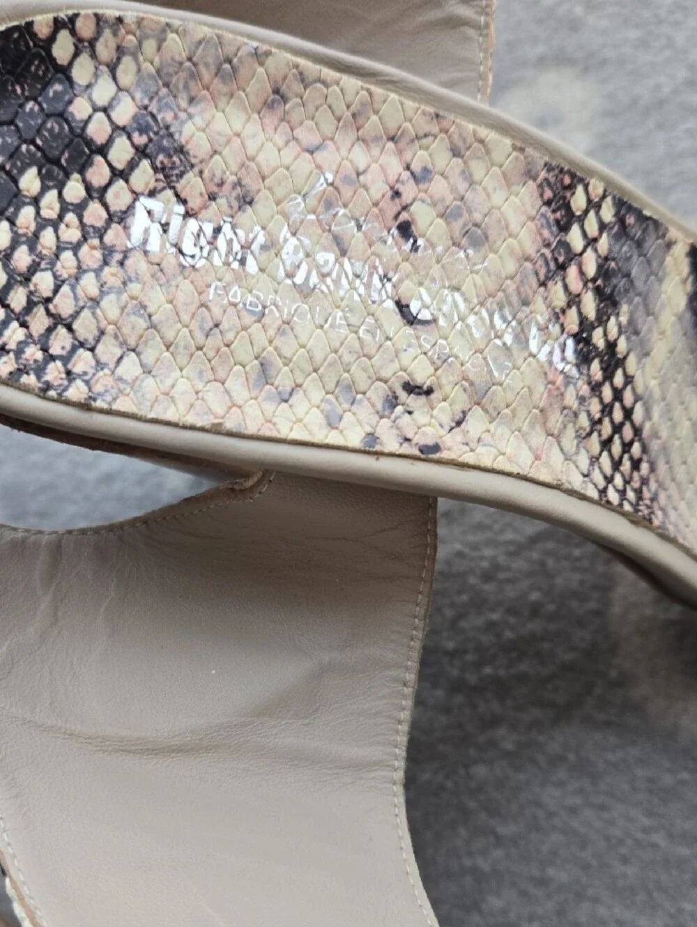 RIGHT Bank Shoe Co. Wedge Sandals in Snake-Print Beige and Pink
